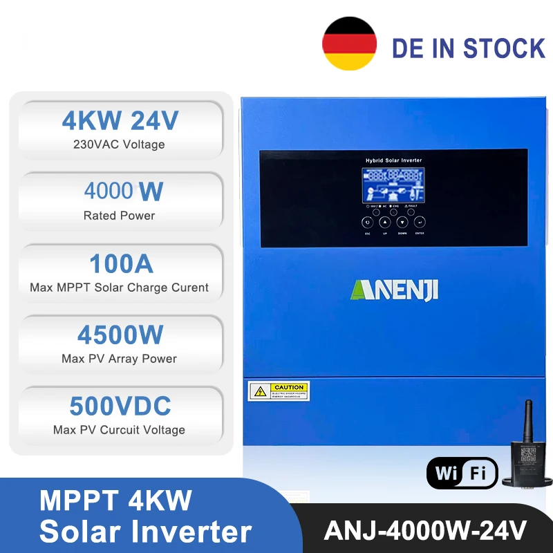 4KW 24V Hybrid Solar Inverter 230V MPPT Photovoltaic On/Off Grid Inverter 100A Solar Charge Controller PV 500V for Solar Panels