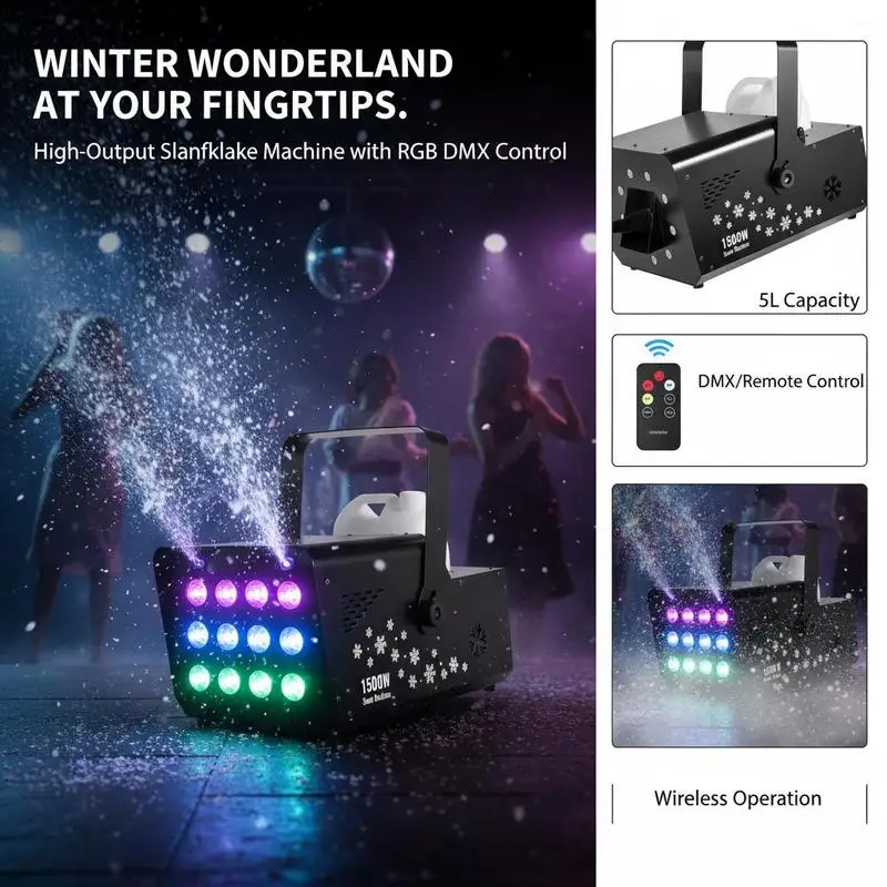 Artificial Snowflake Projector 15.3x13x10.2 Inches For Christmas Parties Stage Effects Wedding Events, 1500W High Output 9 RGB LED Lights DMX512 Signal Control Wireless Remote 5L Tank Capacity Portable Design
