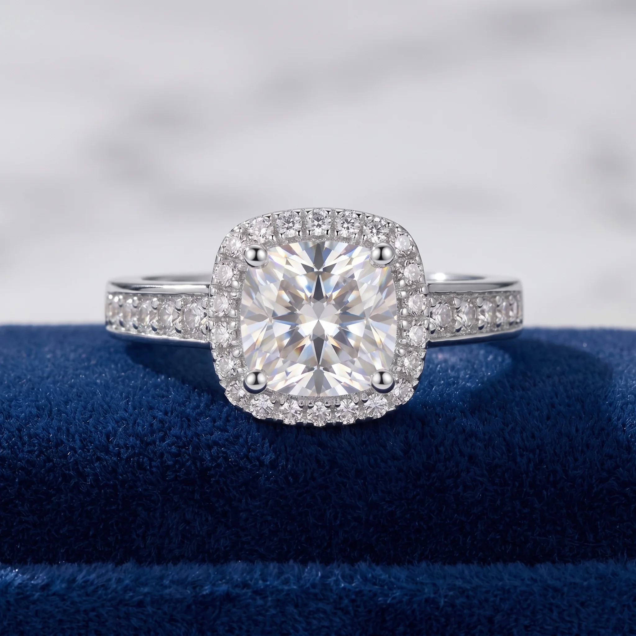 Cushion Halo Moissanite Ring in 925 Silver