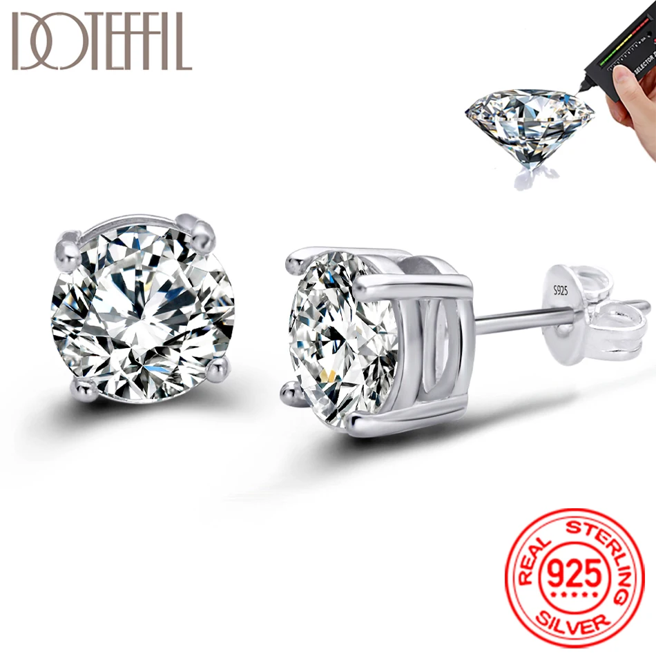 DOTEFFIL 2 Carat 8.0mm D Color Moissanite Stud Earrings For Women Top Quality 100% 925 Sterling Silver Sparkling Wedding Jewelry