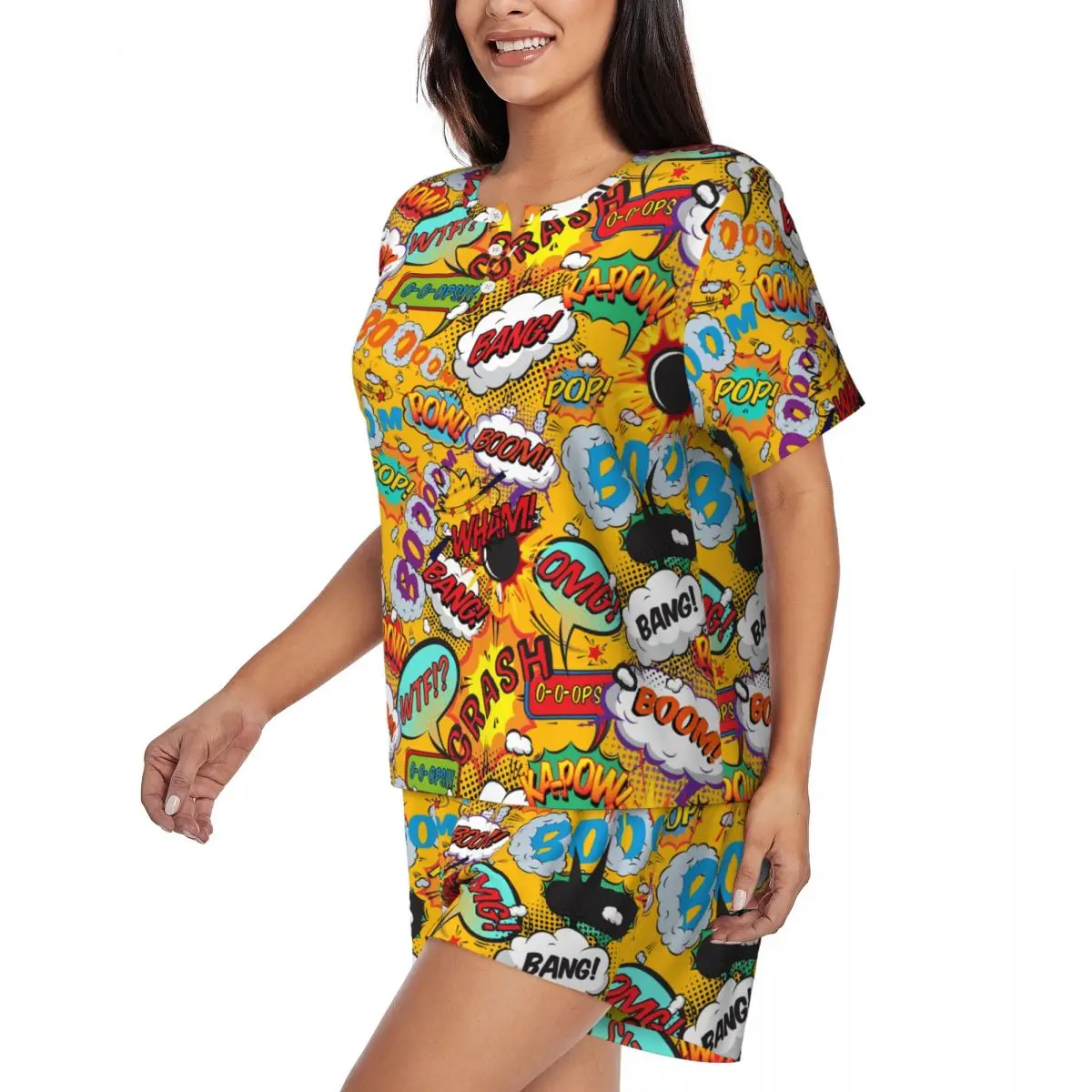 Custom Superhero Comic Book Pop Art Shout Outs Cartoon Pajama Sets for Women 2 Piece Short Sleeve Pjs Shorts Sleepwear