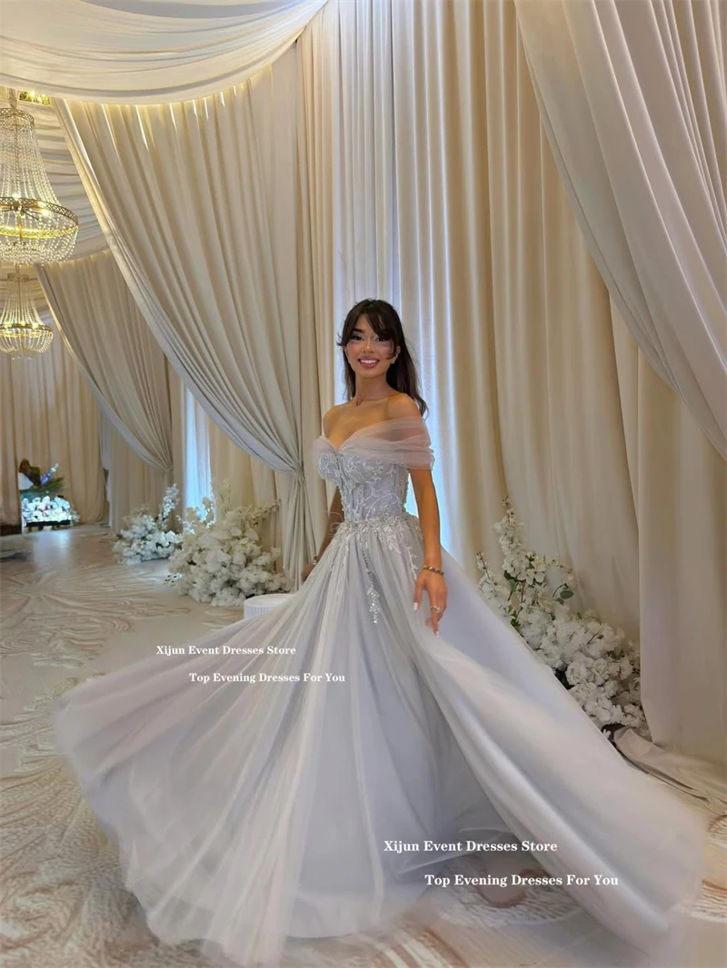 Xijun Blue Princess Long Evening Dresses Tulle Beads Appliqués Off The Shoulder Prom Dresses A-Line Corset Prom Gowns Customized