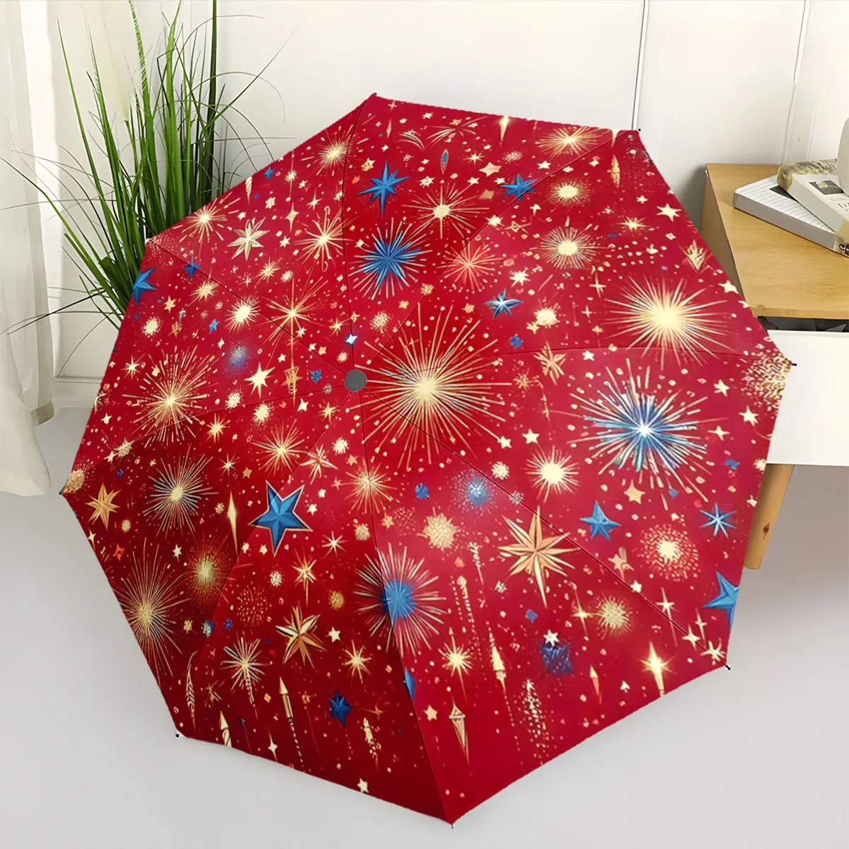 Red Umbrella with Gold and Blue Starburst Patterns portable waterproof sun rain umbrella for outdoor travel beach
