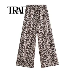 TRAF Leopard Printed Faux Linen Women Wide Leg Pants Pockets Side Elastic High Waisted Pant Y2K 2024 Autumn Trousers 8018403