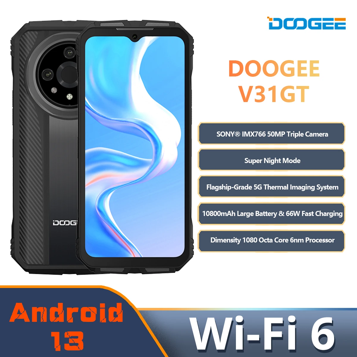 DOOGEE V31 GT 5G Rugged Phone 6.58” FHD Dimensity 1080 Octa Core Thermal Imaging 10800mAh 66W Fast Charging Phone