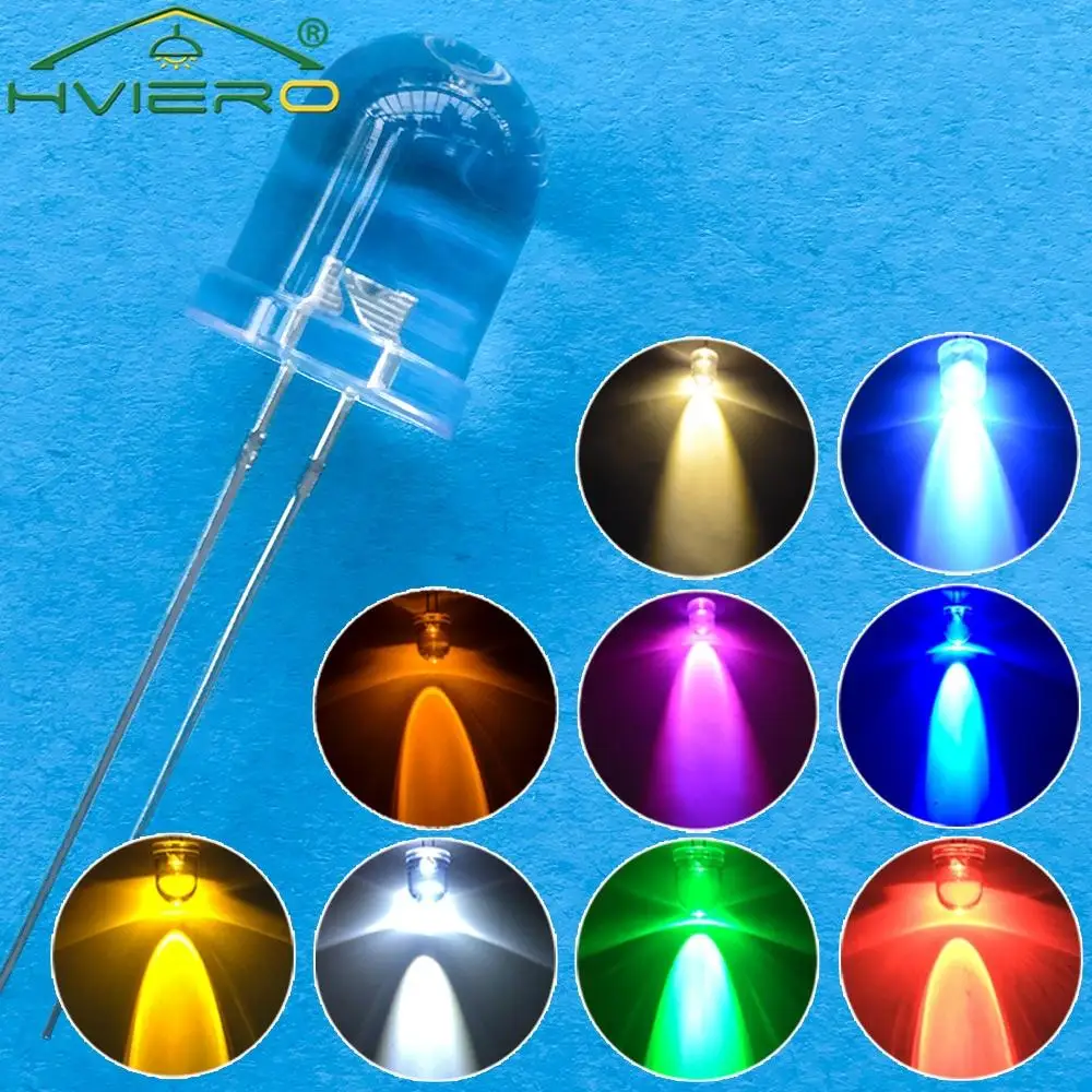 250Pcs 10mm Round Top Ultra Bright Emitting Diode LED White Red Green Blue Yellow UV Pink Orange Light Diodes Lamp Bulb Min Led