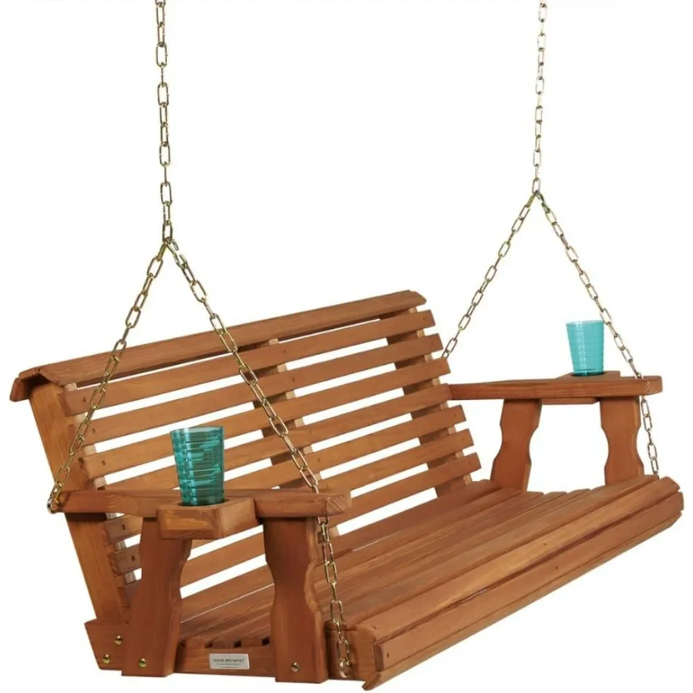 5-foot roll back porch swing with cedar stained cup holder - made of treated pine wood, with a heavy-duty capacity of 700 pounds