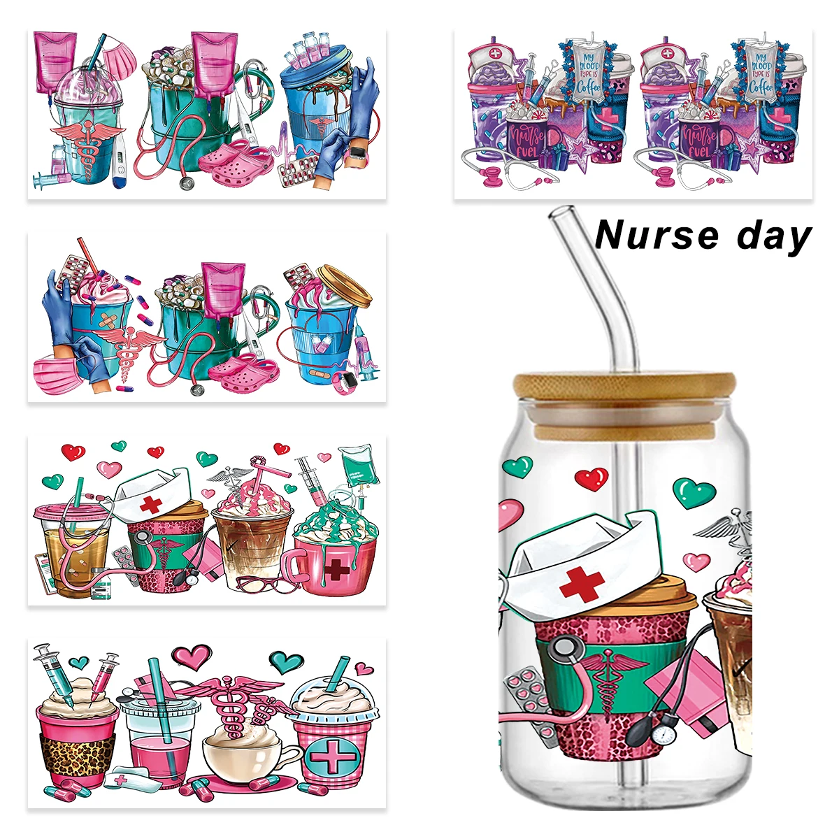 

Nurse unique Design UV DTF Wraps Stickers Wraps 16 OZ Glass Libbey DIY Custom Cups Wrap Stickers Ready to Ship