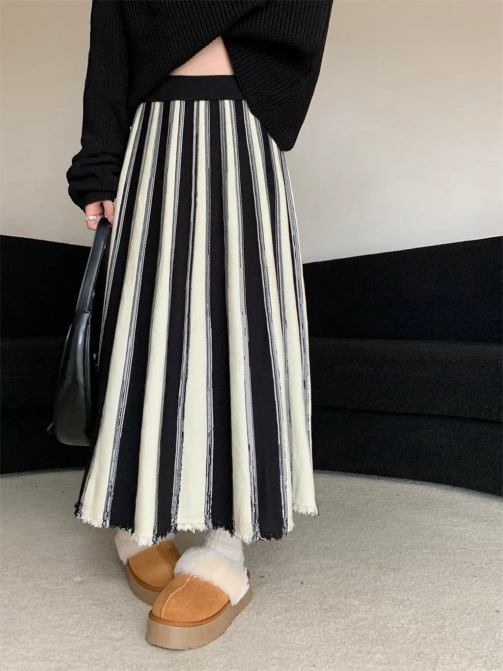 فستان نسائي مخطط بتصميم عتيق لخريف وشتاء 2025 فستان عالي الخصر على شكل حرف a ، فستان محبوك غير رسمي فضفاض وعصري