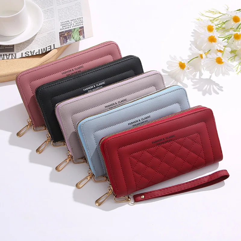 Women's Pu Leather Long Wallets Large Capacity Wallet Zipper Coin Purse Card Holder Ladies Clutch Cellphone Wallet with Wristlet