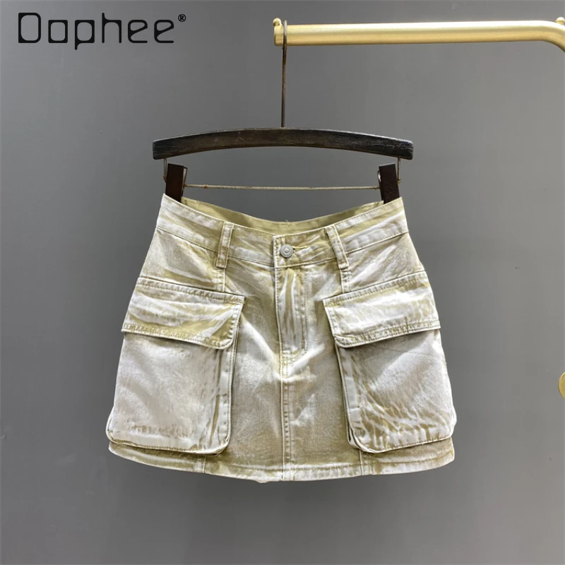 

Khaki Workwear Double Pocket Denim Skirt Woman 2024 New Women's Summer Retro High Waist Anti-Exposure A- Line Hip-Wrapped Skirts