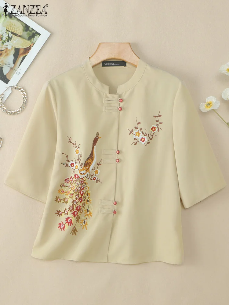 ヴィンテージシャツ ZANZEA 女性 3/4 スリーブボタンアップブラウス夏のプリントシャツ女性トップスカジュアルホリデー Blusas オーバーサイズ Mujer