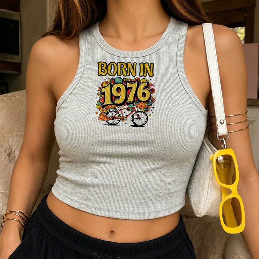 Retro Text Design Yellow Born In 1976 Black Ribbed Tank Top Cropped Fit Sleeveless Y2k Top Colorful Floral Bicycle Pattern Stree