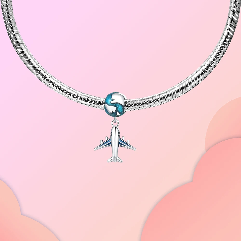 925 Sterling Silver Airplane Earth Pendant Charm Fit  Charms Bracelets Women DIY Jewelry Gift