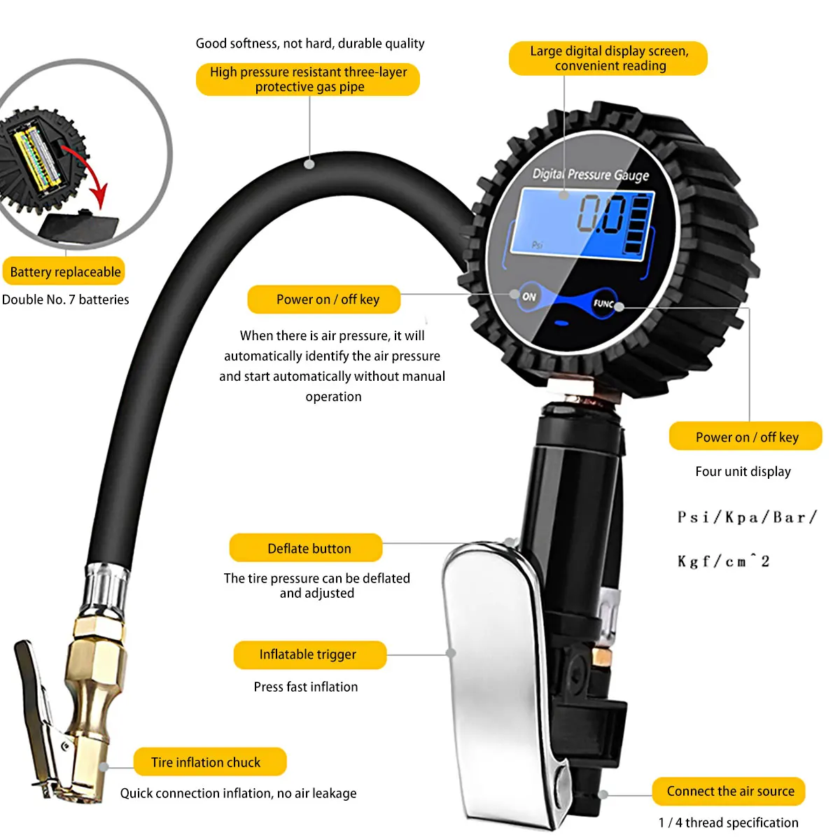 Car Tire Pressure Gauge 3-200 PSI Pressure Dial Gauge LED Backlit Air Compressor Auto Truck Inflator Pump Tire Repair Tools