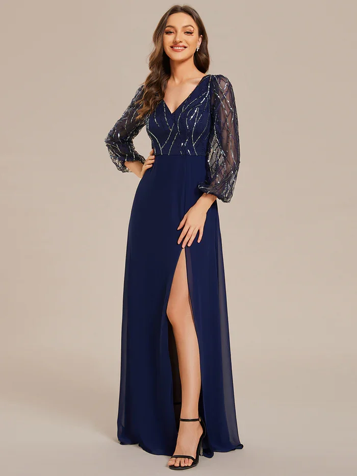 Ever Pretty sequin See-through Long Sleeves High Slit Chiffon A-Line party, prom, weddingEvening Dress