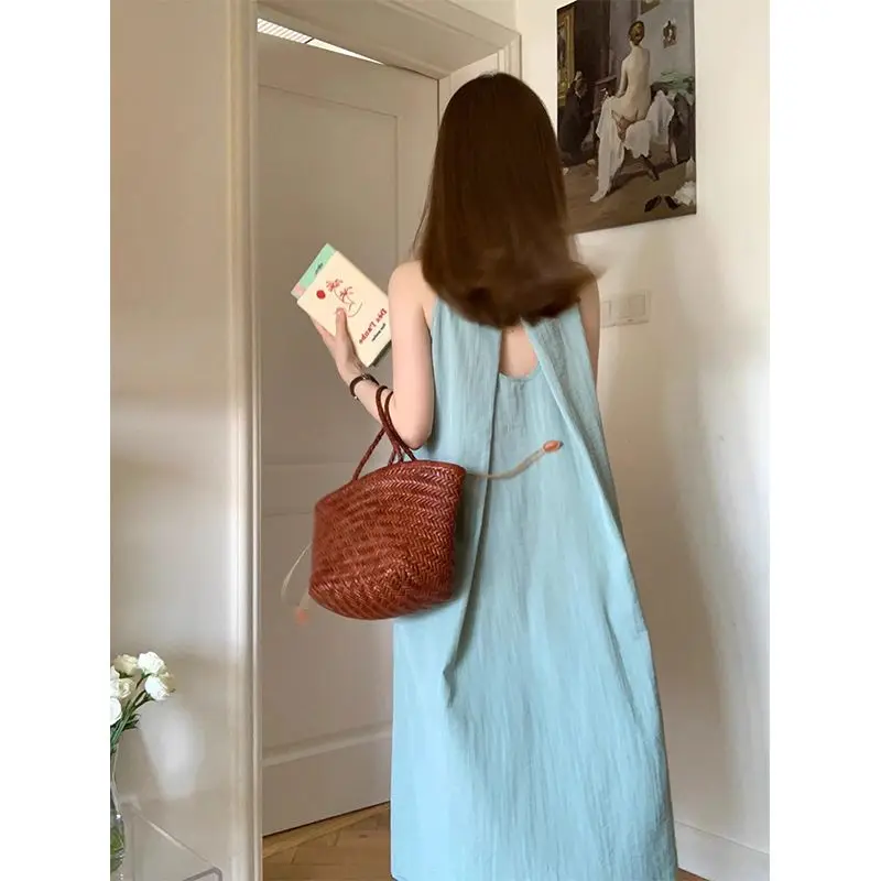 

Платье-жилет без рукавов с открытой спиной для женщин, летняя дизайнерская свободная и универсальная длинная юбка из хлопка и льна