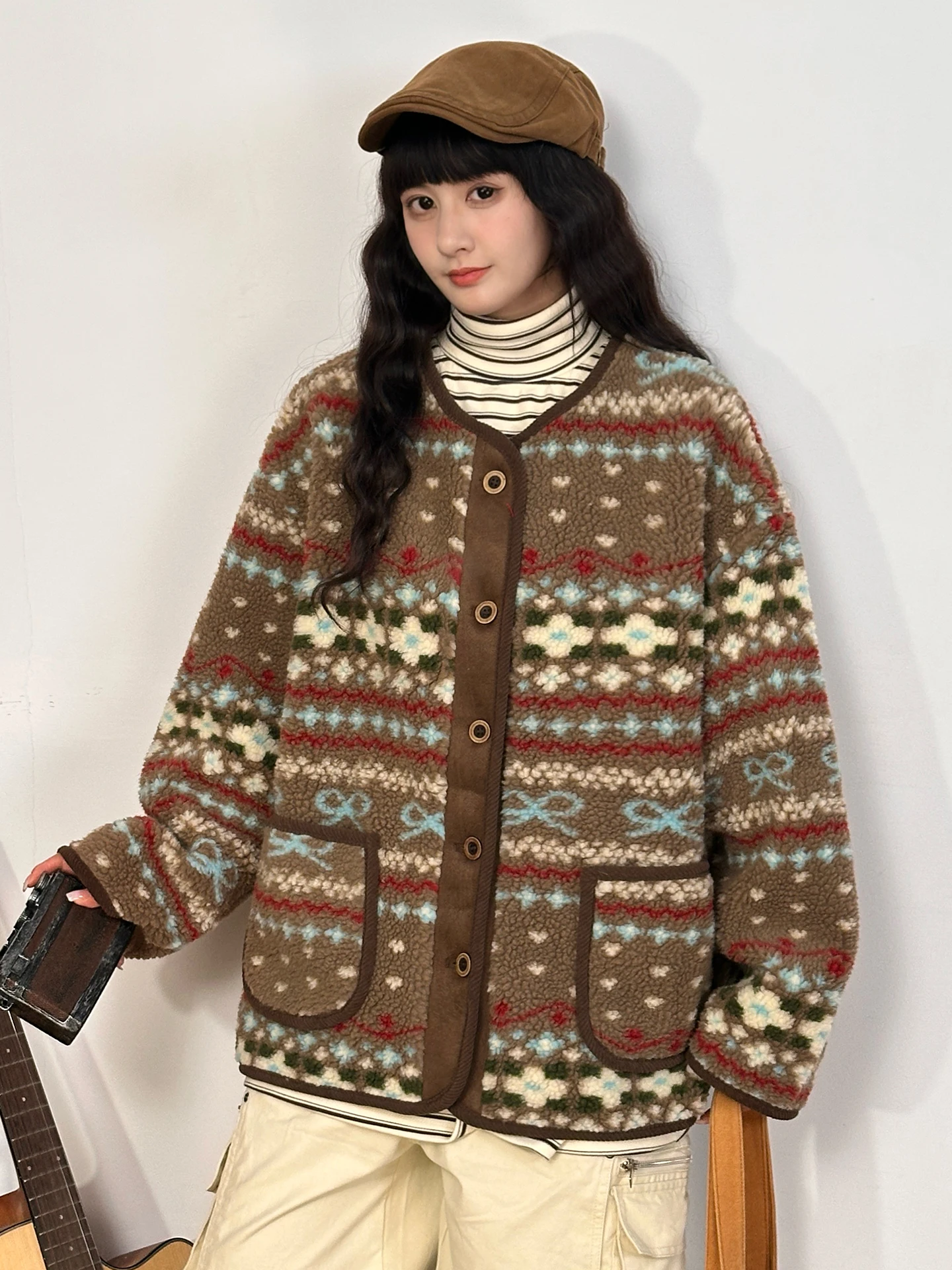 

Original Retro Fair Isle Lamb Fur Cotton Jaet Women's Winter New Loose Lazy Sle Thiened Outerwear Street Sle Long Sle...