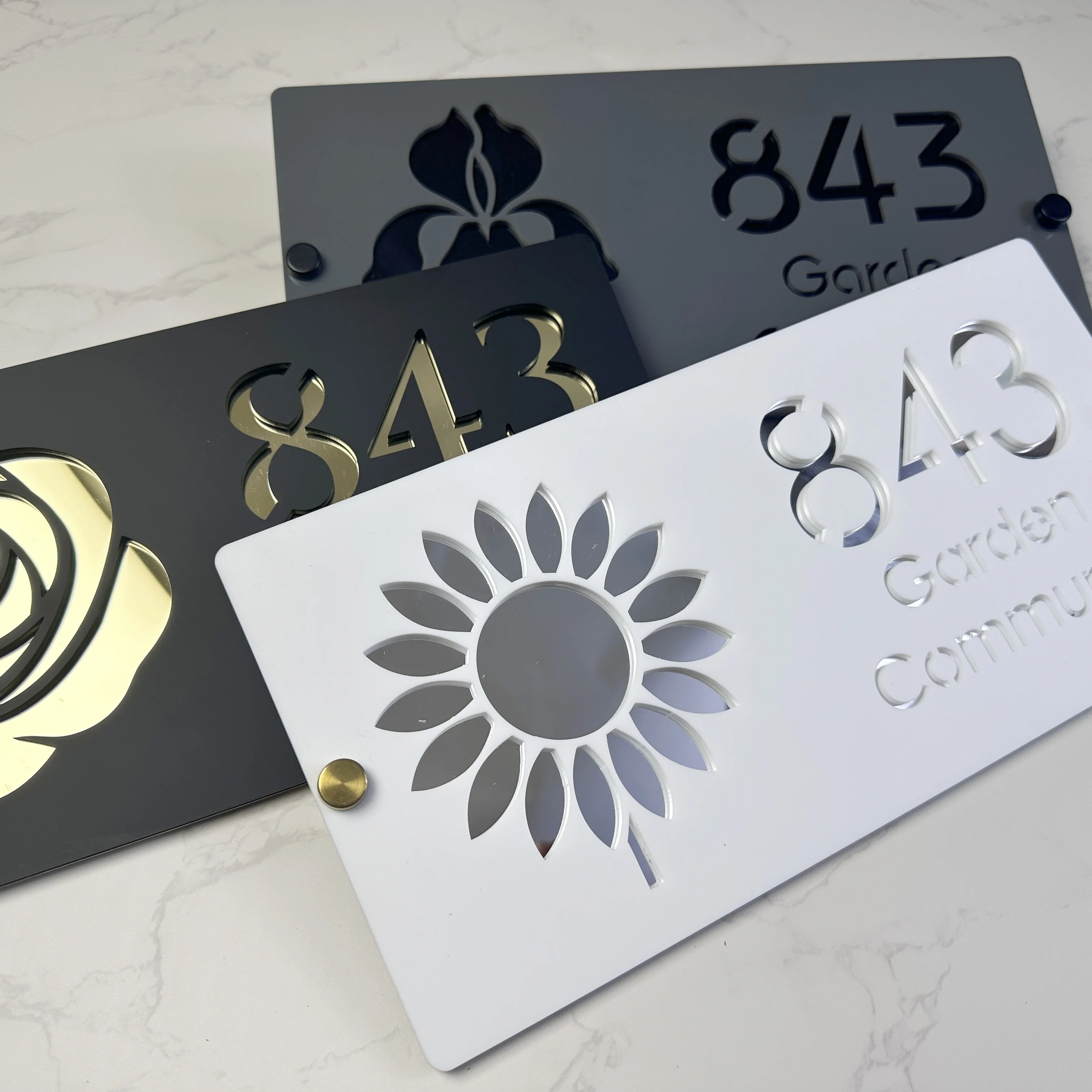 Custom Acrylic House Number Sign, Floral Design with Sunflower & Iris, Laser Engraved Address Plate for Modern Home Decor