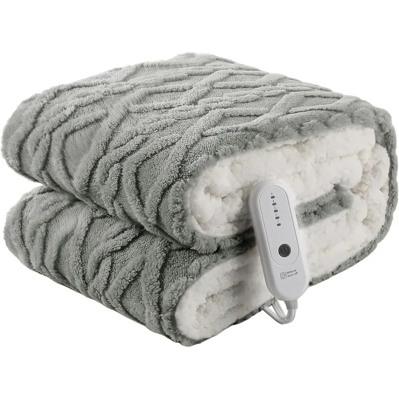 Heated Blanket Electric Throw 50''X60''-Fluffy Ultra Soft Electric Blanket with 3D Stylish Design, 240g Plus 200g Sherpa, 5