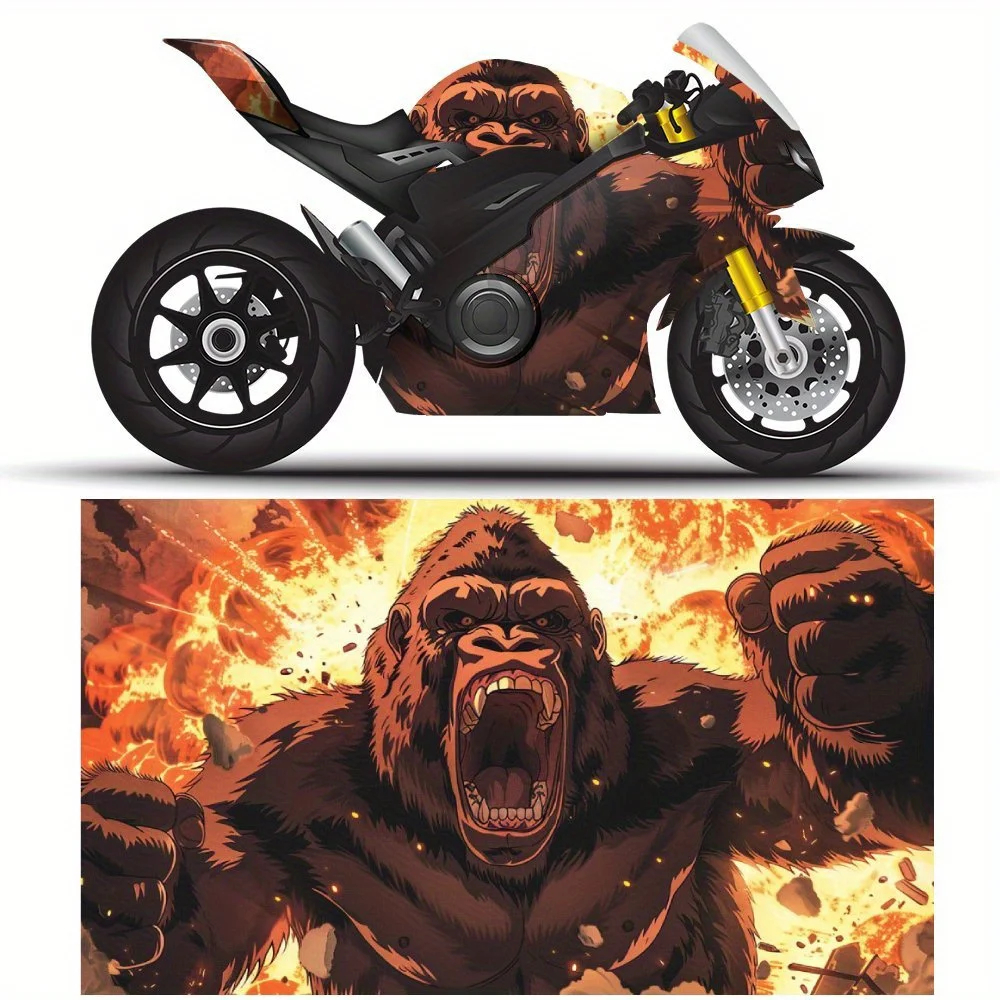 Angry Explosion Flame Gorilla Print PVC Motorcycle Vinyl Wrap, Self-Adhesive Waterproof Sticker, Anti-Scratch Decorative Film fo