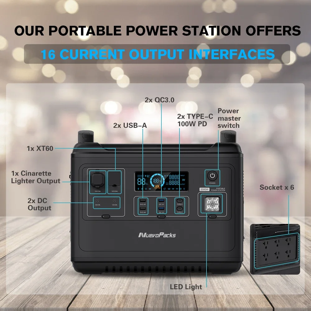 2000W Huge Capacity Portable Power Station Backup Solar Generator LiFePO4 Battery Outdoor Power Supply