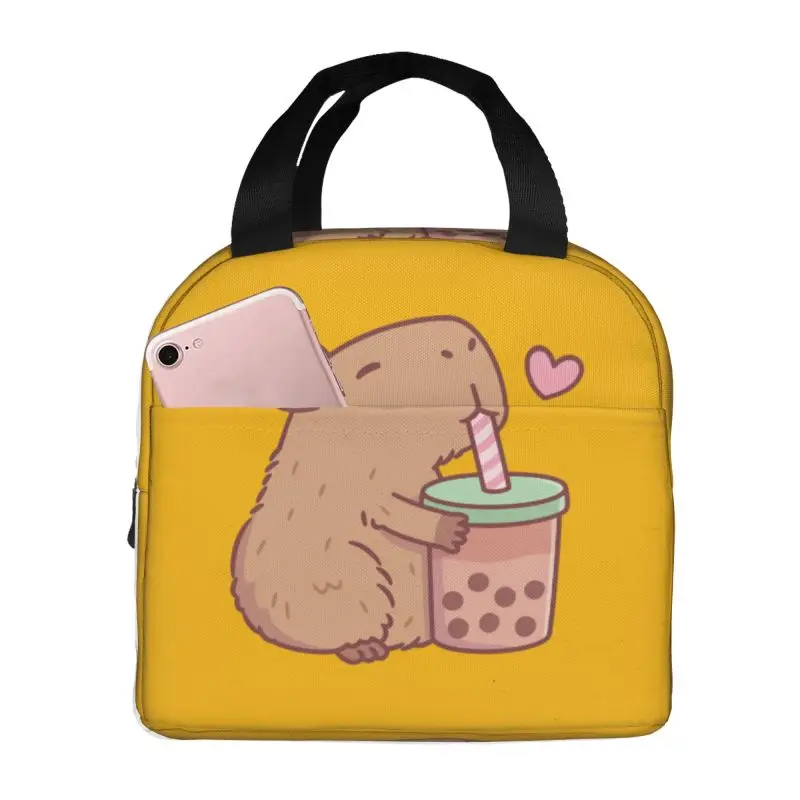 

Custom Capybara Loves Bubble Tea Lunch Bag Men Women Cooler Thermal Insulated Lunch Container for Student School Work Picnic