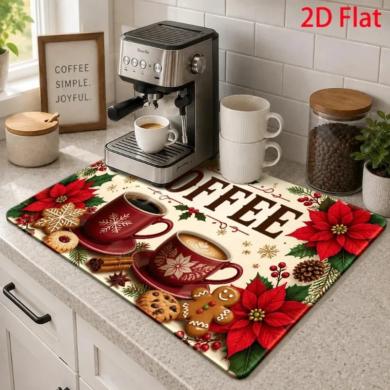 Dish Drying Mat 2D Flat Christmas Poinsettia Cushion Super Absorbent Coffee Cup Pattern Holiday Kitchen Countertop Placement