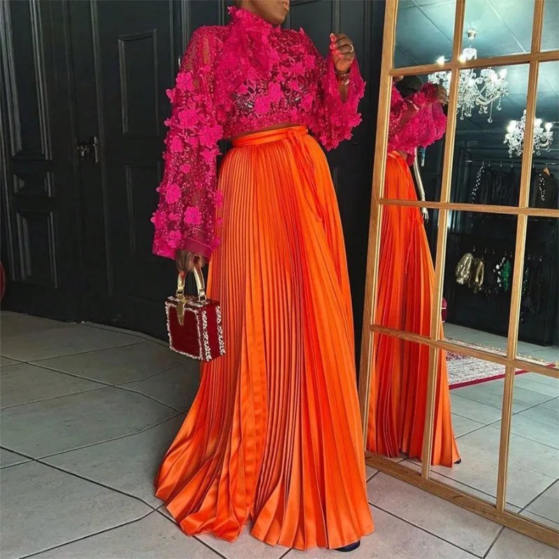 

KEXU Women Fashion 2025 Summer Elegant Big Swing Pleated Floor Length Skirt High Waist Street Party Long Maxi Skirts