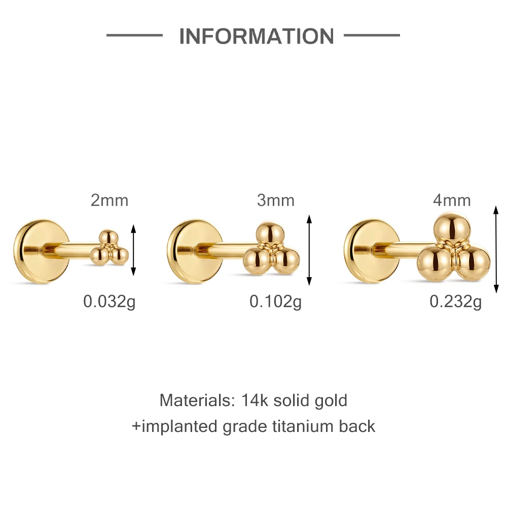 Aide Real 14K Gold 2mm 3mm 4mm Small Bead Stud Earrings For Women Jewelry Flat Back Inner spiral Ear Hole Minimalist Accessories