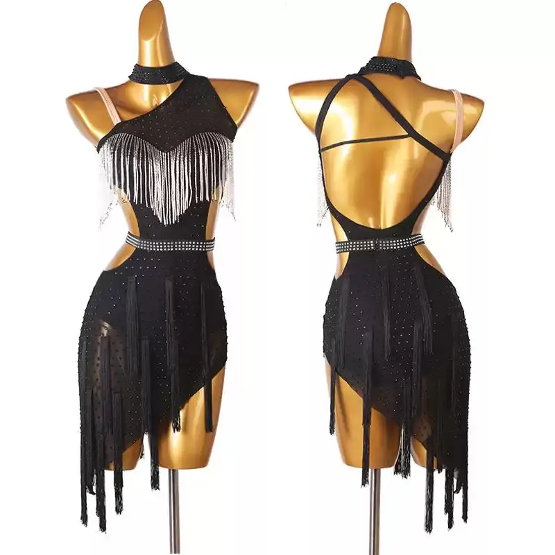 

Black Latin Dance Suit Girl Sport Dress Wear Adult Performance Costume Women Evening Stage Clothes Sexy Prom Parties Competition
