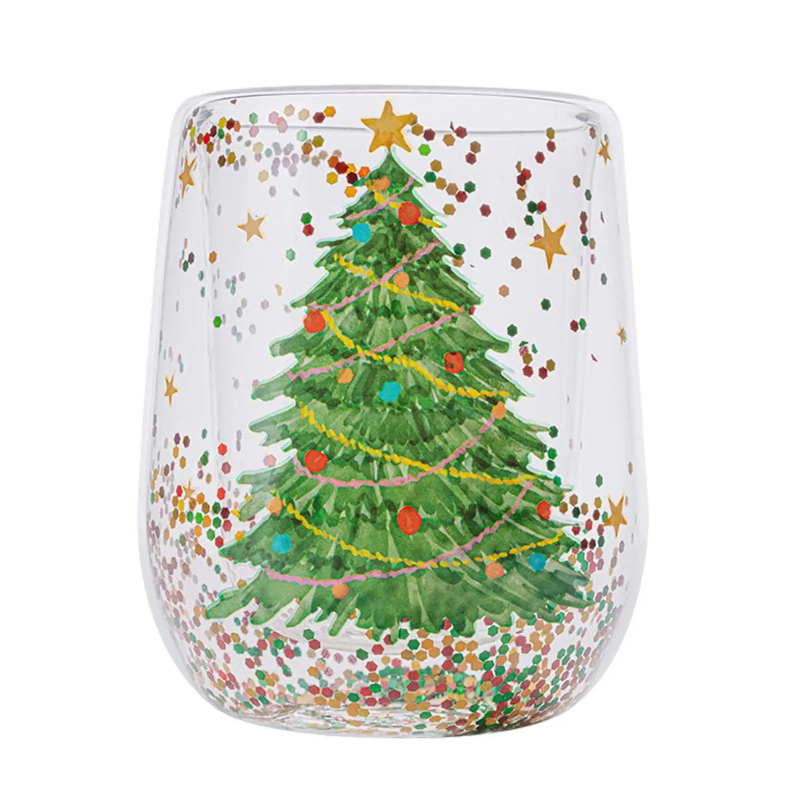 Glass Coffee Mug, Xmas Tree Mug, 380ml Double Layer Christmas Tree Shaped Christmas Tree Glass Cup for Christmas Birthday