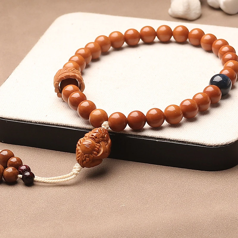 Liangxiangyuan Walnut Handmade Round Bead Bracelet With Olive Stone And Lion Ring