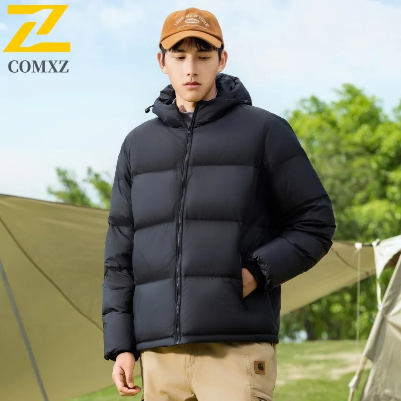 

COMXZ новые мужские пуховики на белом утином пуху, унисекс, такая же зимняя парка с капюшоном для кемпинга, карман на молнии, защита от холода, пуховик