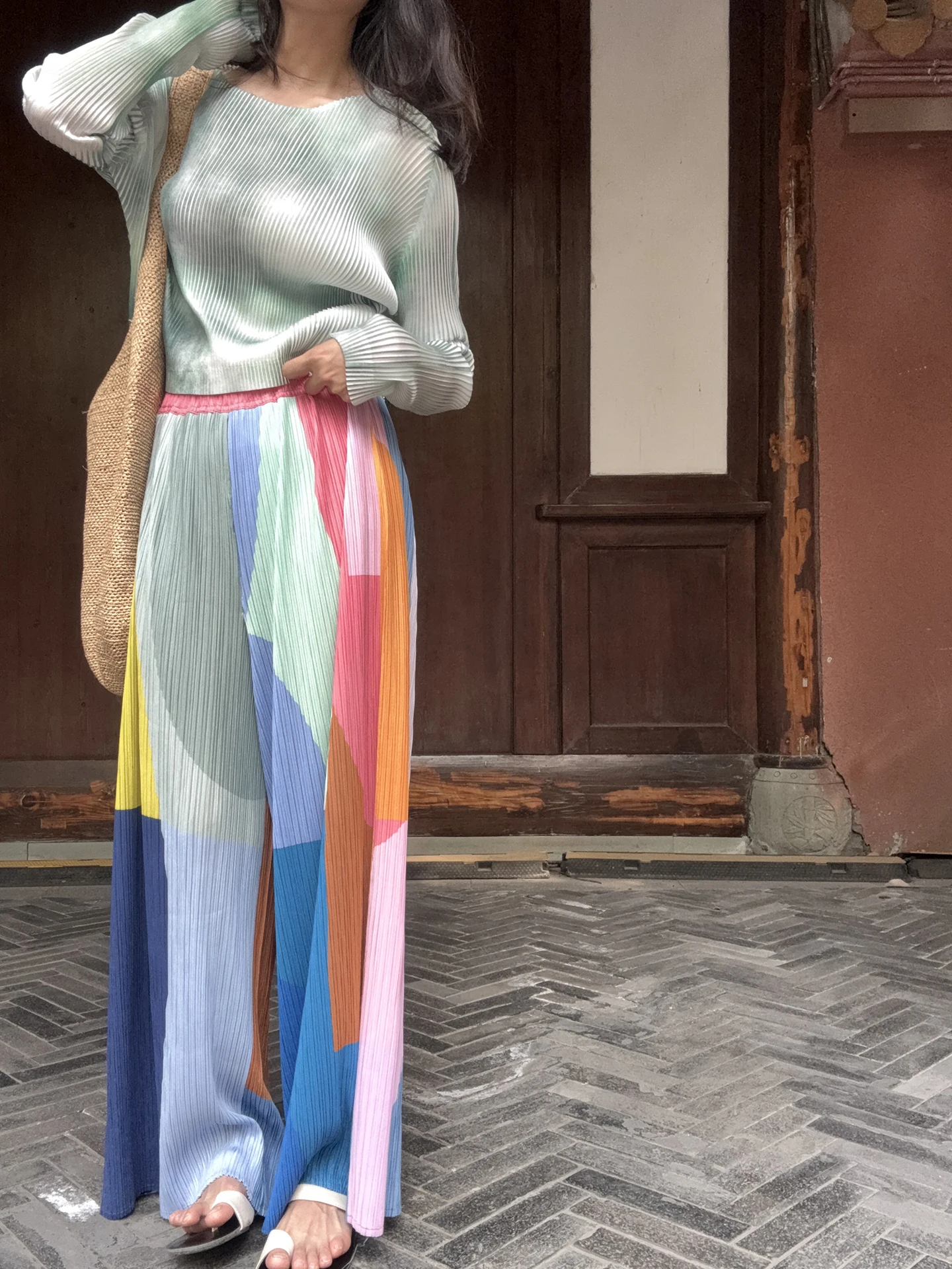 

Blue Y Please Women's Loose Casual Wide Leg Pants Summer Dopaamine Style Color Block Geometric Pattern Pleated Holiday Mood