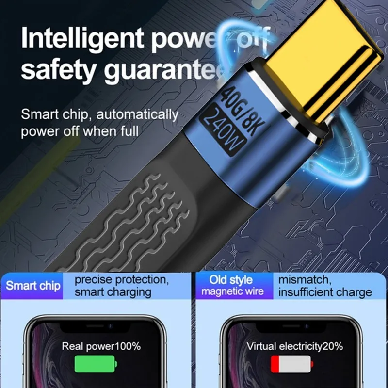 240W 40Gbps Short USB C To USB C Cable Fast Charging Type C Cord High Speed Data Transfer 8K Flat Data Charging Extension Cable