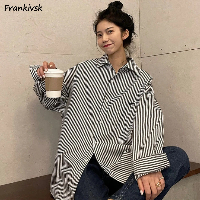 

Shirts for Women Long Sleeve Decent Turn-down Collar Spring Loose Striped Office Lady Korean Style Chic Designed Vintage Slouchy