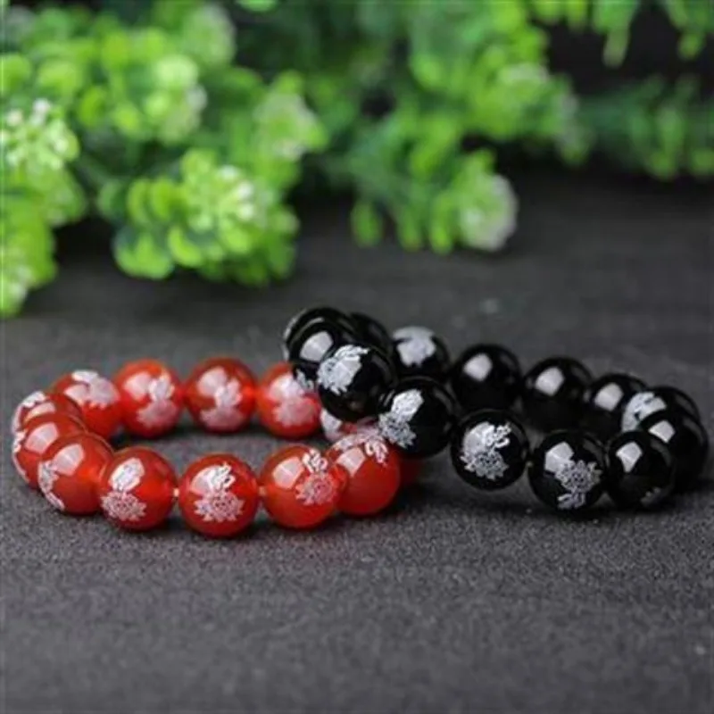 

Natural Agate Round Bead Bracelet for Men and Women, Lotus Buddha Character Chalcedony Bracelet.