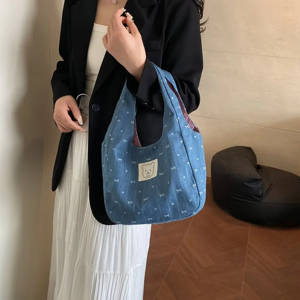 

Fashion Korean Style Denim Bucket Bag Sweet Bowknot Denim Bow Handbag Commuting Leisure Cute Wrist Bag Streetwear