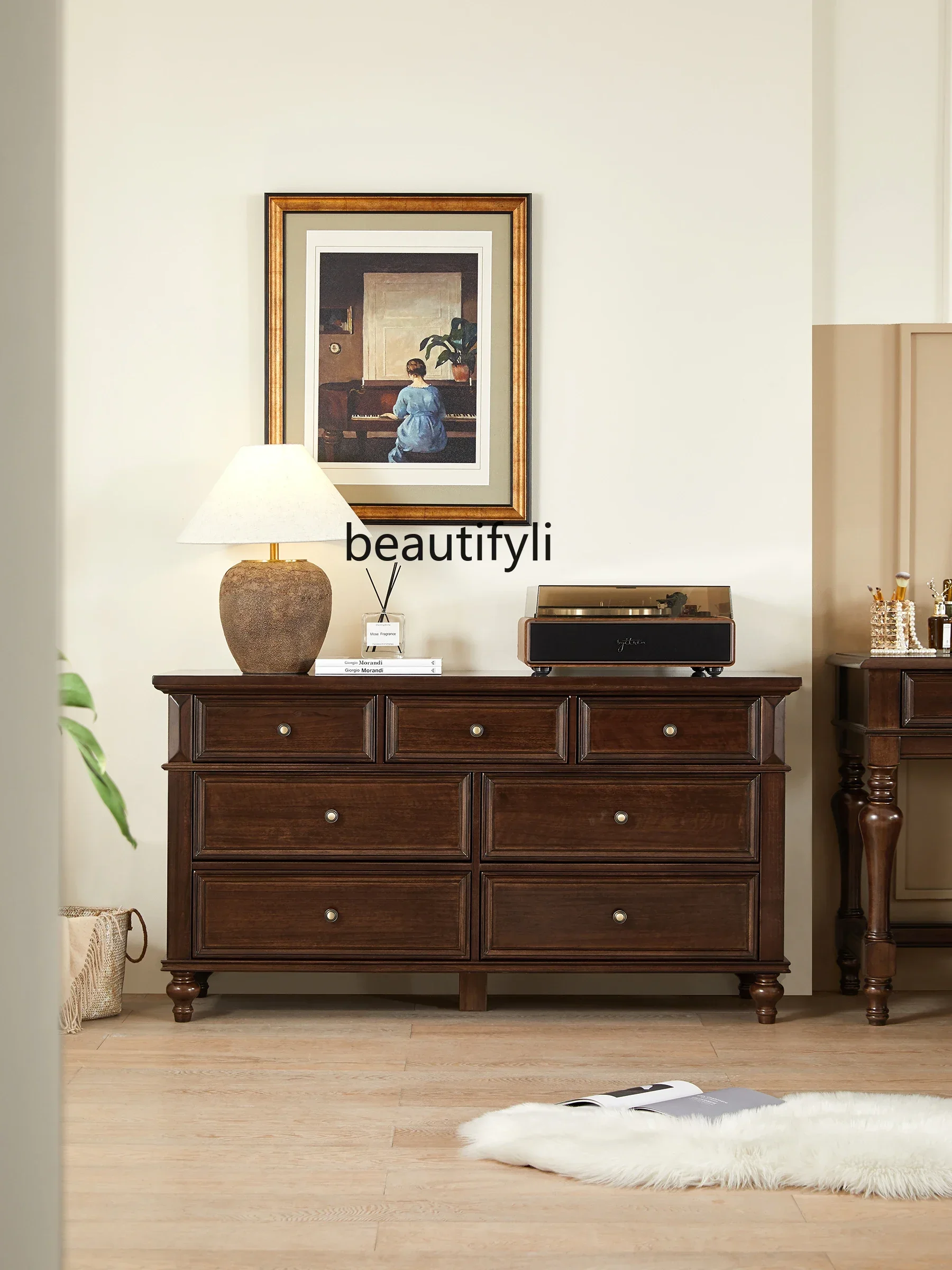 

Master Bedroom Chest of Drawers Solid Wood American Black Walnut Color Retro Living Room Wall Bedroom Storage 7-Drawer Cabinet