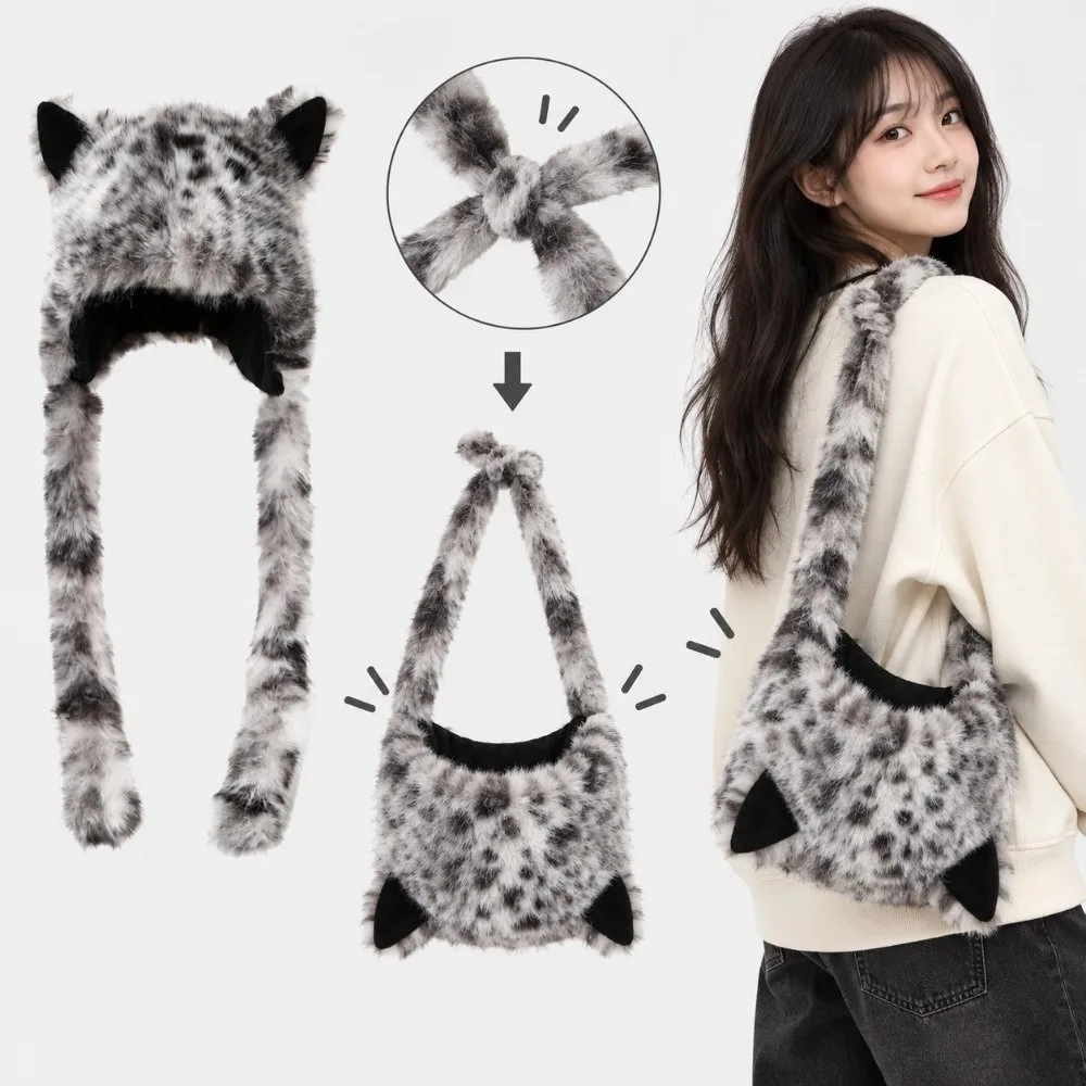 Thermal Bonnet Long Braids Earflap Hat Animal Ears Thick Faux Fur Cap Leopard Pattern Cozy Lining Leopard Print Beanie Women
