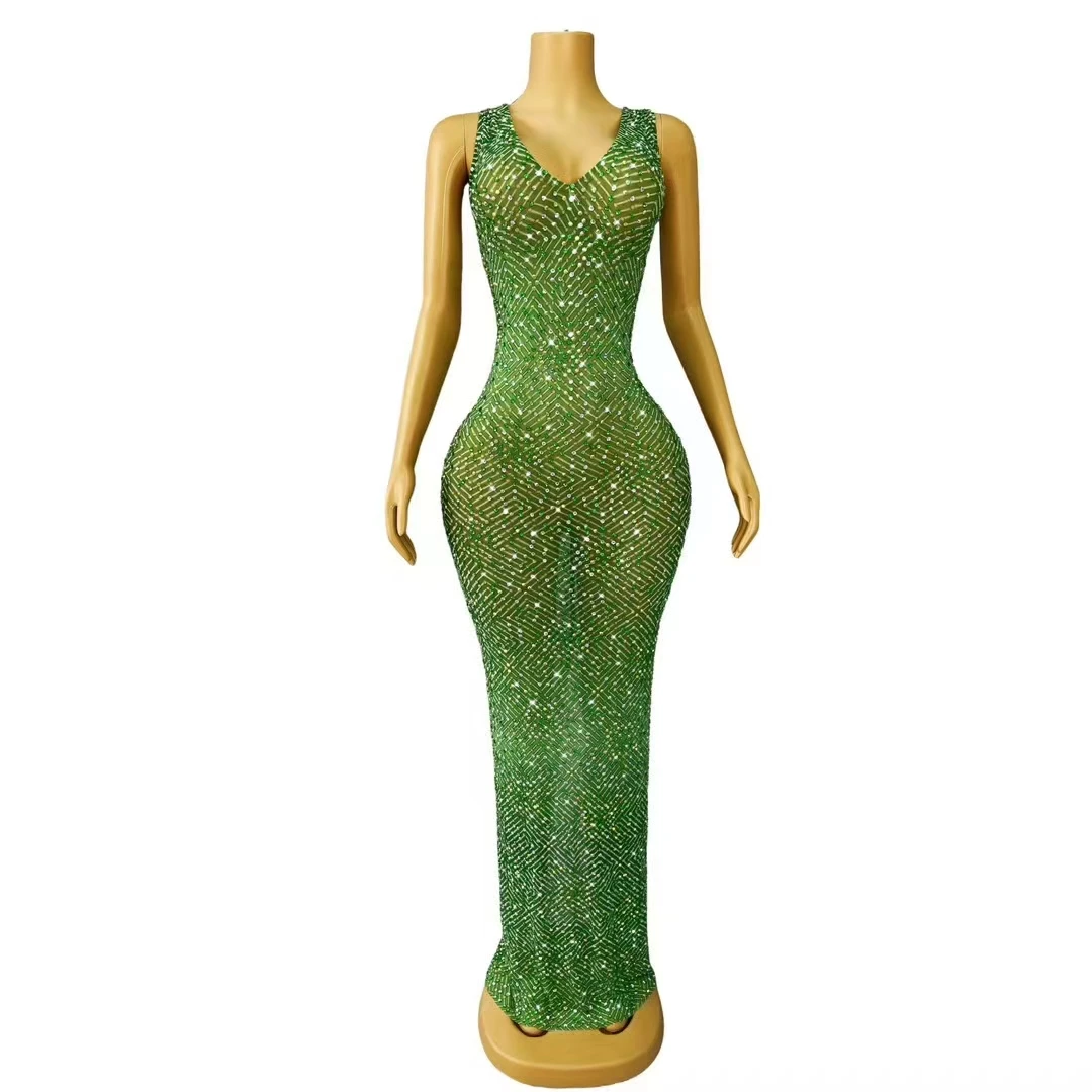 

Sexy Transparent Green Rhinestones Sleeveless Mesh Long Dress Women Celebrity Singer Celebration Catwalk Evening Prom Costume