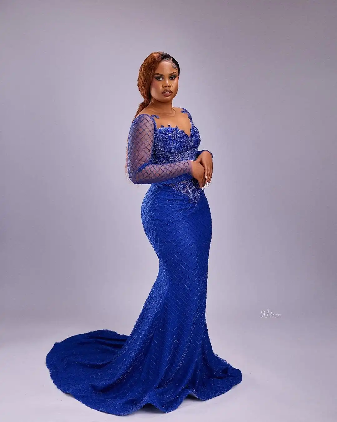 Pretty Royal Blue Lace African Prom Dresses Long Sleeves Beaded Aso Ebi Wedding Guest Dress African Bridal Dress Formal Gown