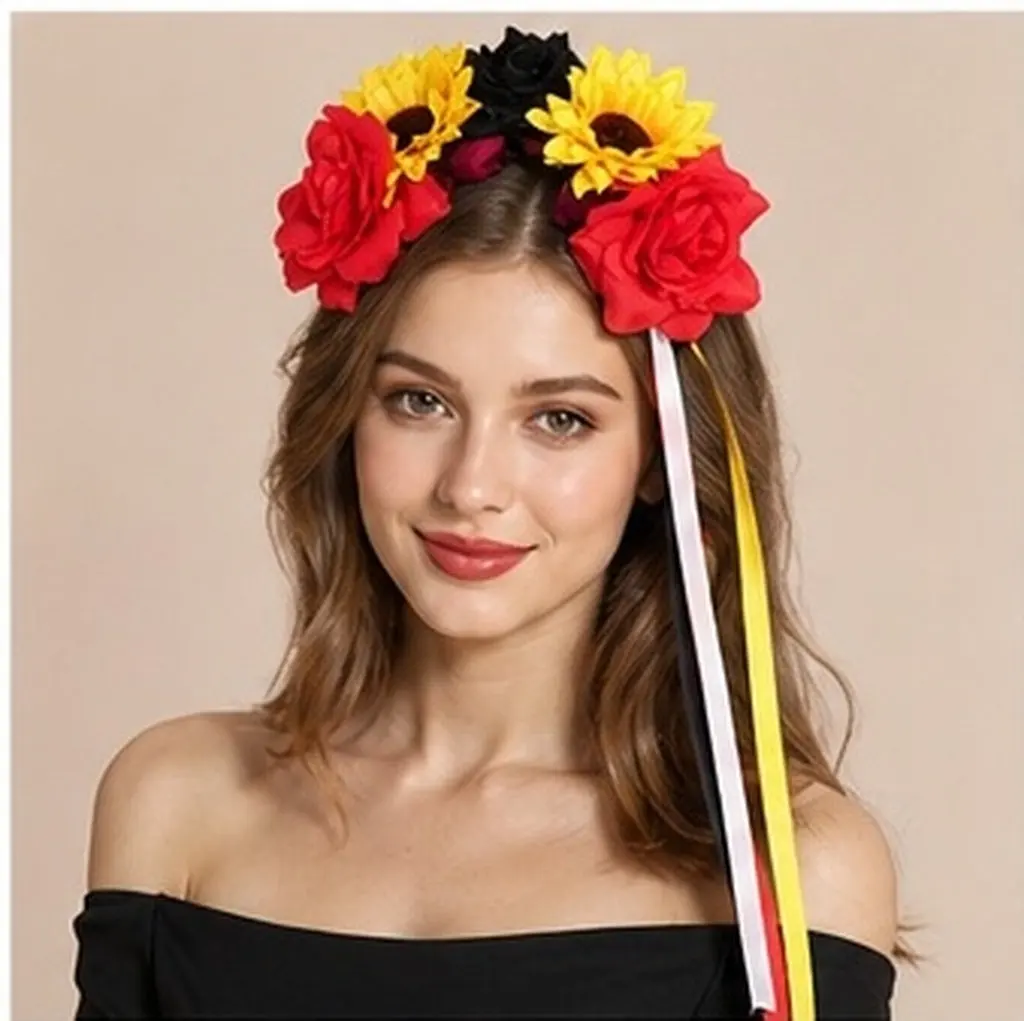 Halloween Flower Headband Rose Peony Floral Hair Crown with Ribbon for Women Party Prom Costume Accessory