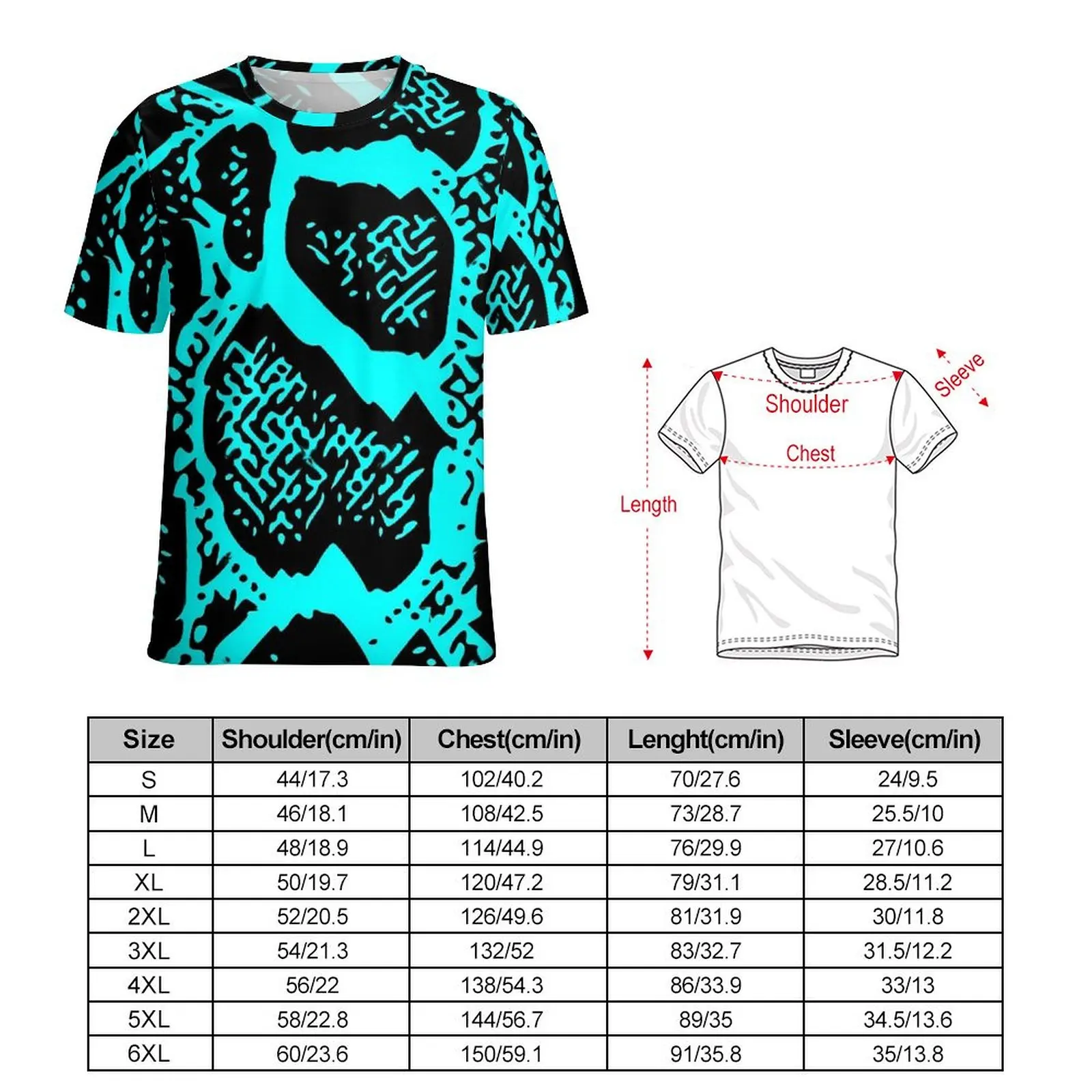 Snakeskin T Shirt Cyan and Black Python Skin Oversize T Shirts Short-Sleeve Street Wear Tees Ladies Summer Modern Design Tops