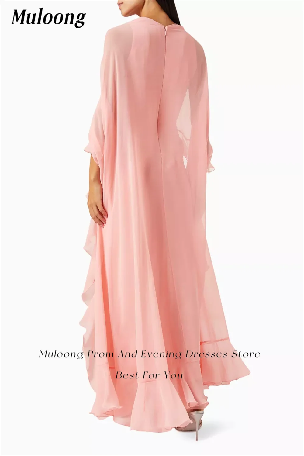 Muloong-Robe Maxi Rose à Col en V, Ligne A, Manches Cape, Volants Tonaux, Longueur de Rincage, Robe de Soirée Classique, Perles, Robe de Bal Arabie Saoudite