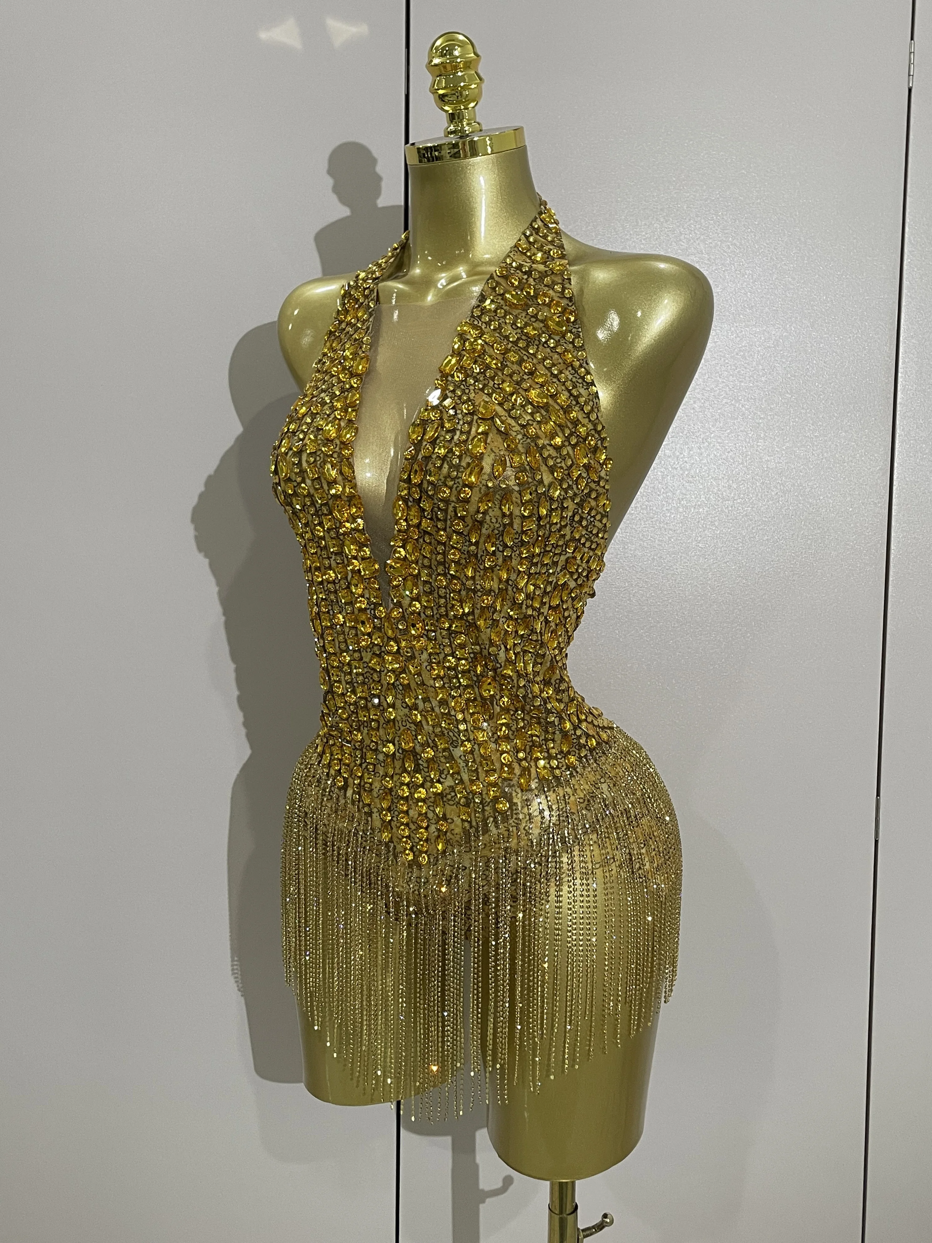 Luxury Golden Rhinestone Sexy Mesh Stretch Bodysuits Women Birthday Dancer Performance Stage Wear Nightclub Team Hotwife Outfit