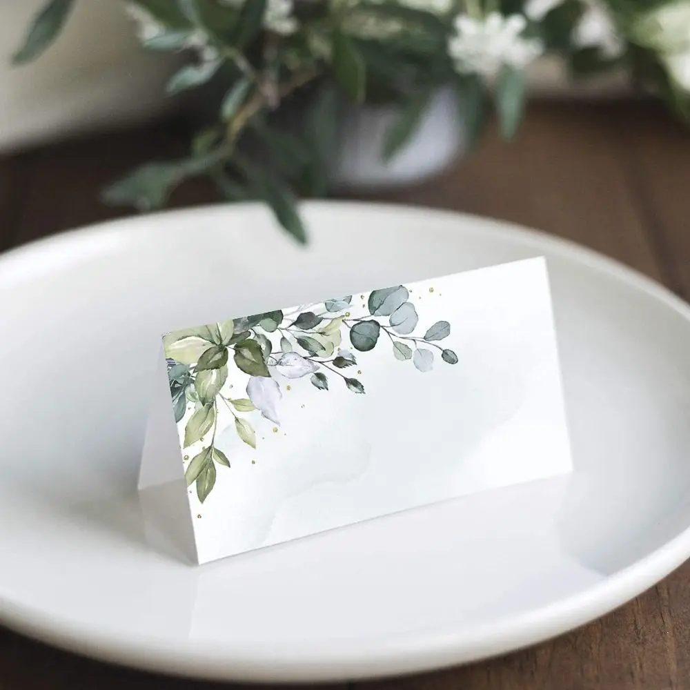 

50pcs Reception Decoration Blank Green Leaf Table Place Cards Simplicity Paper Seating Place Cards Printing Gift Cards Weddings