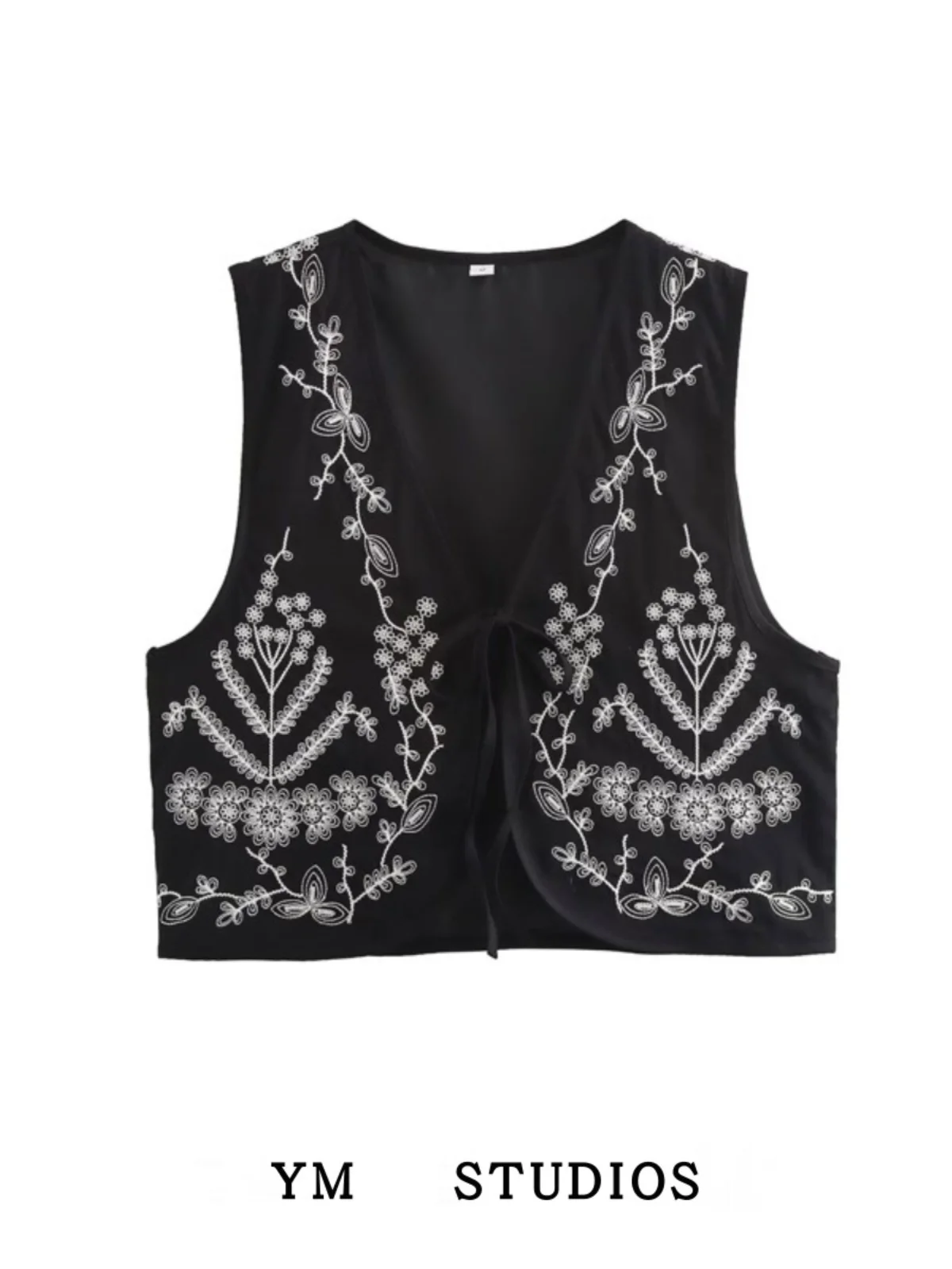 Retro Ethnic Style Embroidered Belted High Waist Sleeveless Vest V-Neck Short Length Plant Floral Pattern All Match Material