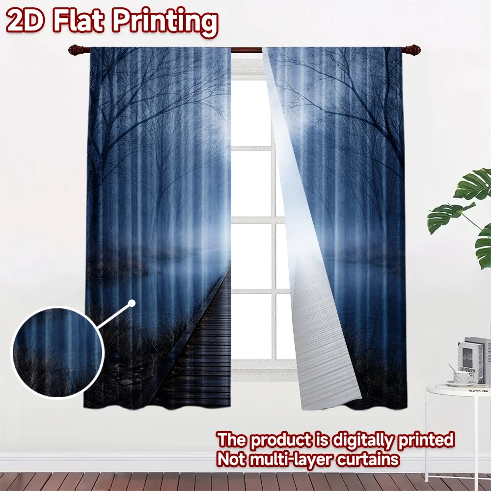 2D flat printing 2pcs Curtain Scene Curtains Misty Forest Bridge Digital Printed Polyester Drapes Holiday Decorations for Home